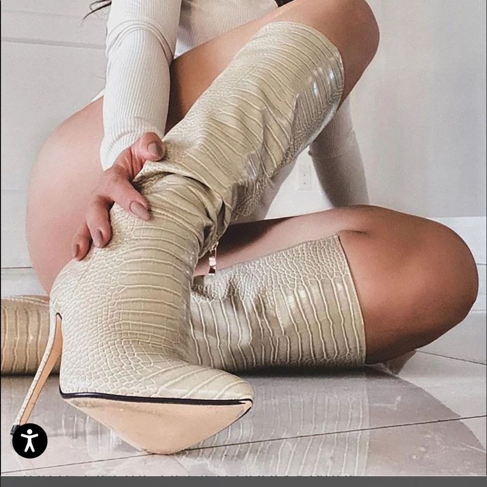 High heel boots, mid calf.